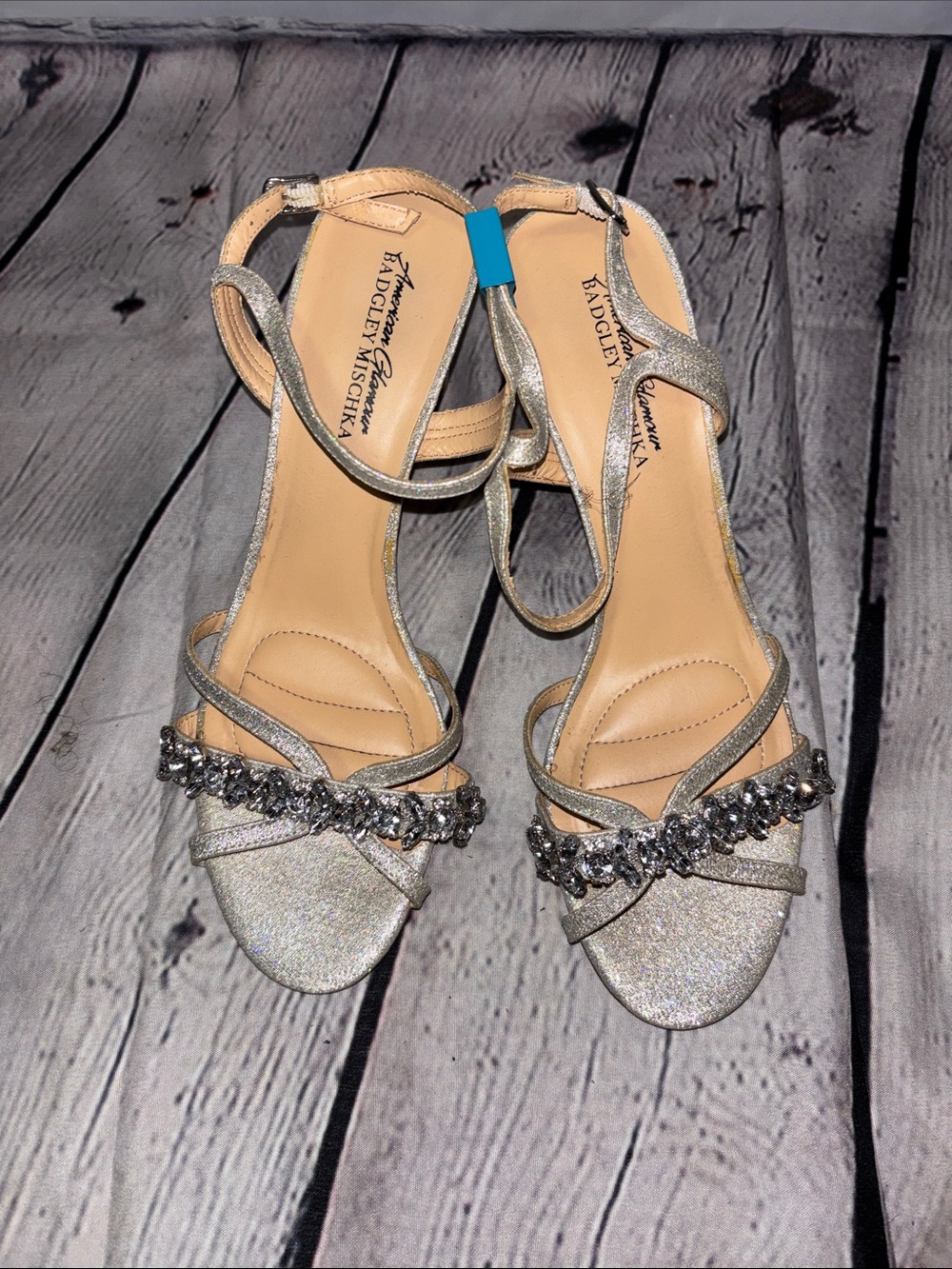 Badgley Mischka Champagne Crystal-Strap Evening Heels